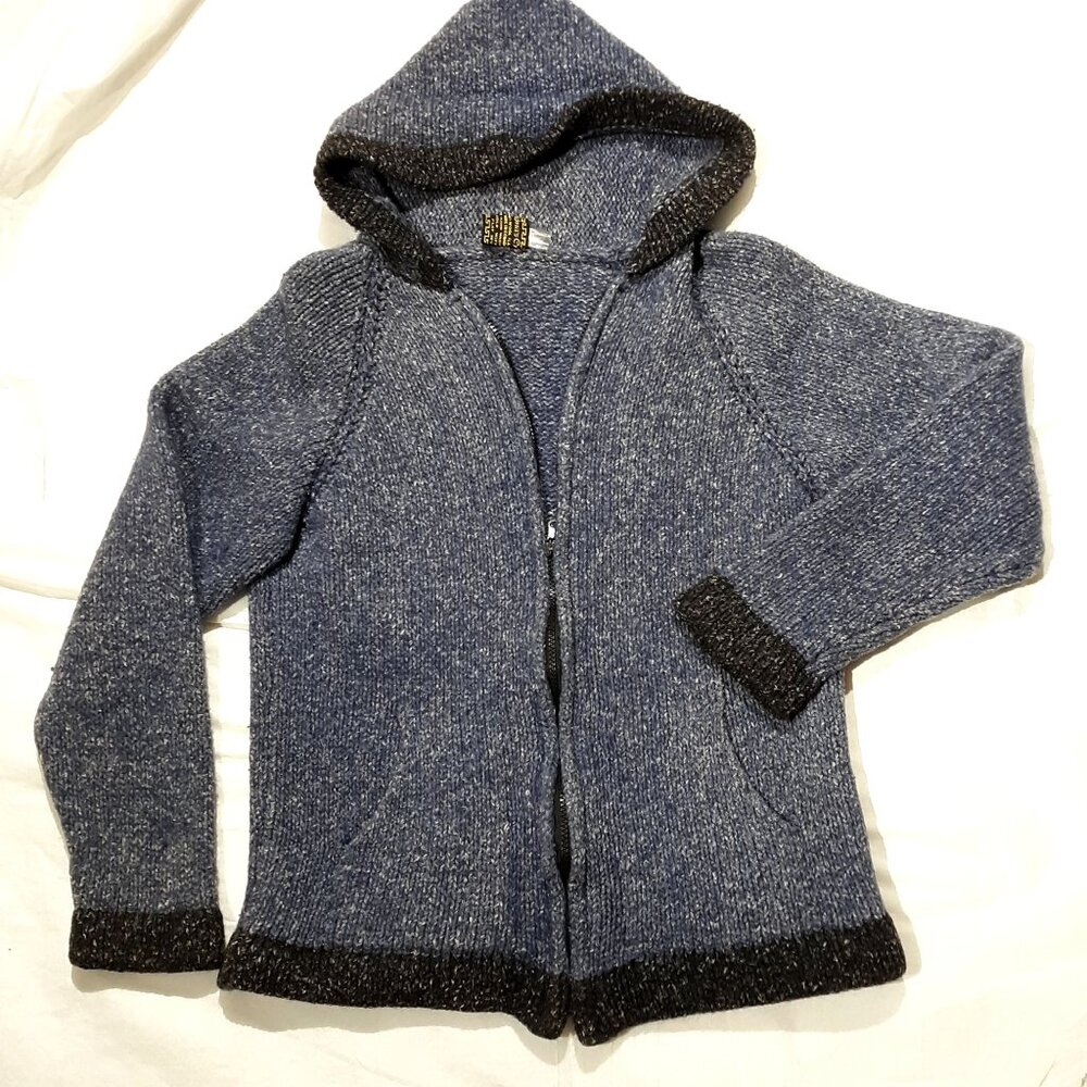 Milma's Crafts Alpaca Cardigan Sweater Women S/M Denim Blue Zipper Hood Pockets